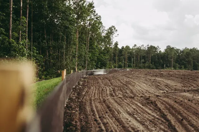 Silt fence running along a pine tree line beside tilled soil